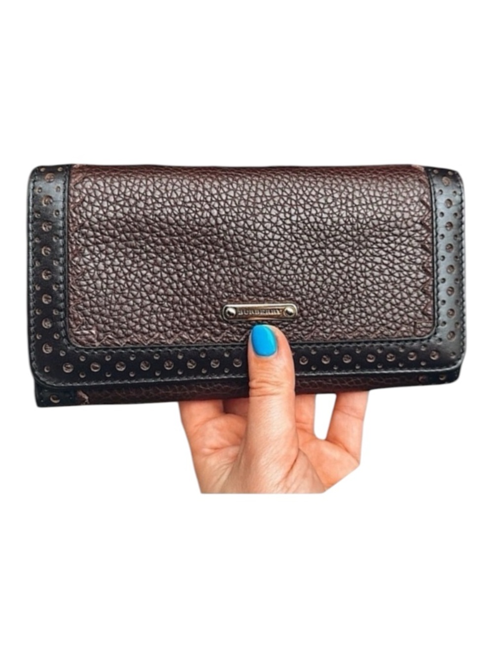 BURBERRY Pebbled Leather Long Wallet, Brown, 7.5”x4” x 1”